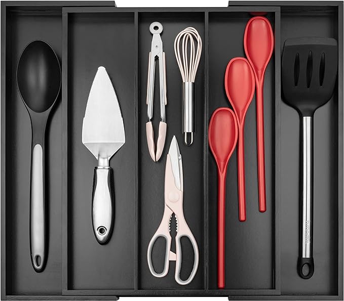 Purawood Kitchen Drawer Organizer - Expandable Utensil Organizer for Kitchen, Cutlery Tray & Silverware Organizer, 3-5 Slots - Bamboo Drawer Organizer for Utensils & Flatware (Black) by PURAWOOD