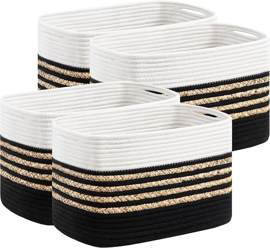UBBCARE 4 Pack Baskets for Organizing, Woven Storage Baskets for Toys and Towel, Rectangle Cotton Rope Basket with Handles, 14''L x 8''W x9''H, Black by UBBCARE