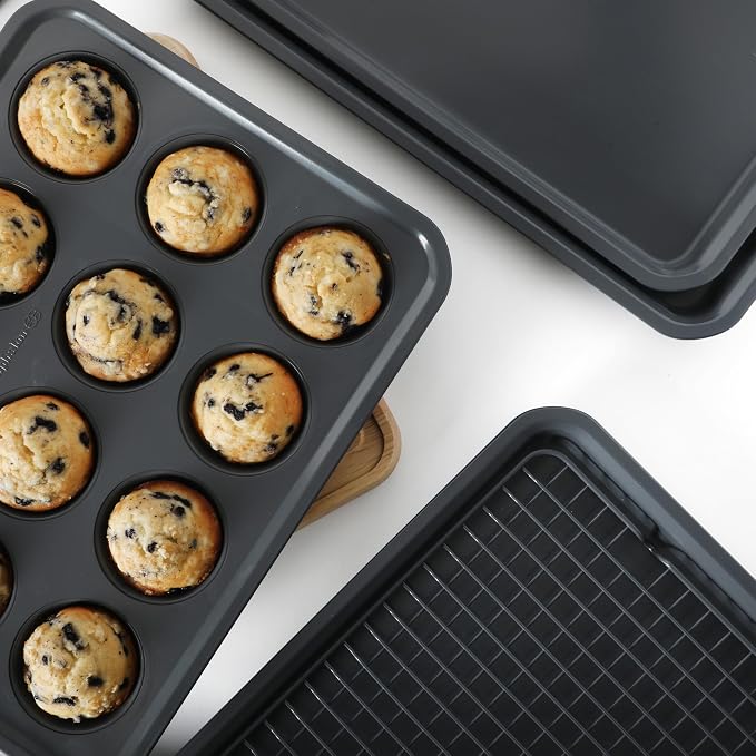 Calphalon Legacy 10-Pieces Nonstick Bakeware Set PFOA-Free, Baking Sheet Set, Carbon Steel Bakeware Pans Collection, High-Heat Oven Safe, for Cookies, Cakes, and Muffins -Blue/Grey Interior - Image 5