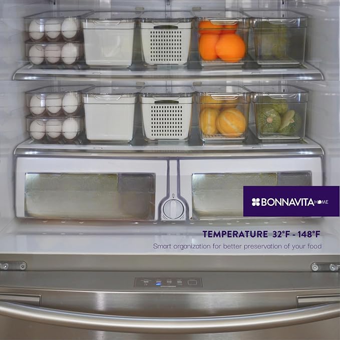 Clear Stackable Storage Containers with Lids BPA-Free Organizer Bins for Refrigerator Pantry Fridge Drawer with Colander and Dividers for Kitchen Food Preservation and Home Organization BPA Free - Image 6