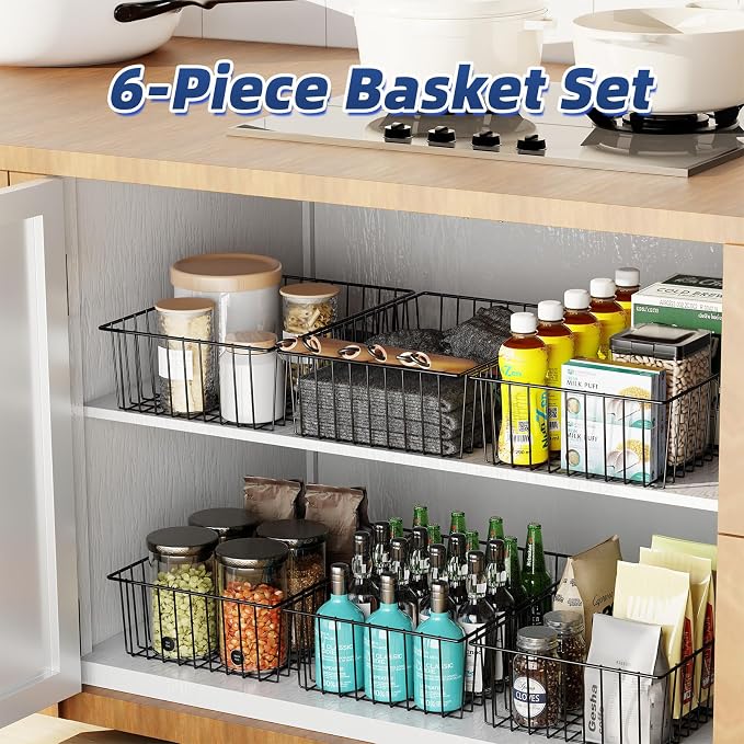 Simple Trending 6 Pack Large Metal Wire Baskets for Storage, Black | Organization, Metal Pantry Storage, For Cabinet, Kitchen, Garage, Bathroom, 16"D x 10.75"W x 4.75"H - Image 3