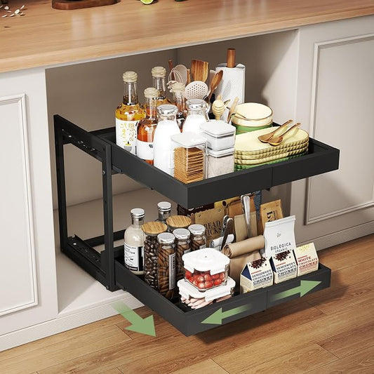 Abalter Expandable Pull Out Cabinet Organizer,2-Tier Slide Out Drawer for Kitchen Cabinets,Adjustable Width 12–18.5",Slide Out Shelves for Kitchen Countertop, Bathroom, Pantry, Heavy Duty Caddy(Black) by Abalter