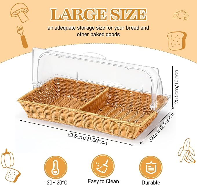 2 Set Wicker Bread Baskets for Serving with Clear Acrylic Roll Top Lid Woven Rattan Bread Basket Large for Fruit Food Picnic Summer Pool Party Outdoor BBQ(21.26 x 13 Inch,2 Compartment) - Image 2