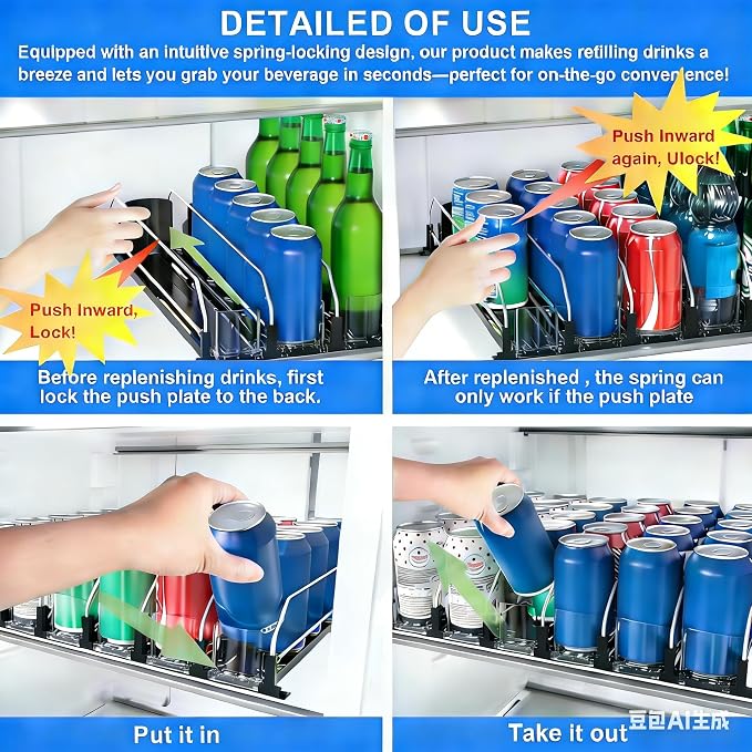 6 Rows Black Drink Organizer for Fridge, 3rd Gen Refrigerator Organizers and Storage, Automatic Pusher Glide and Adjustable Width Can Organizer for Refrigerator - Holds up to 30 Cans - Image 4