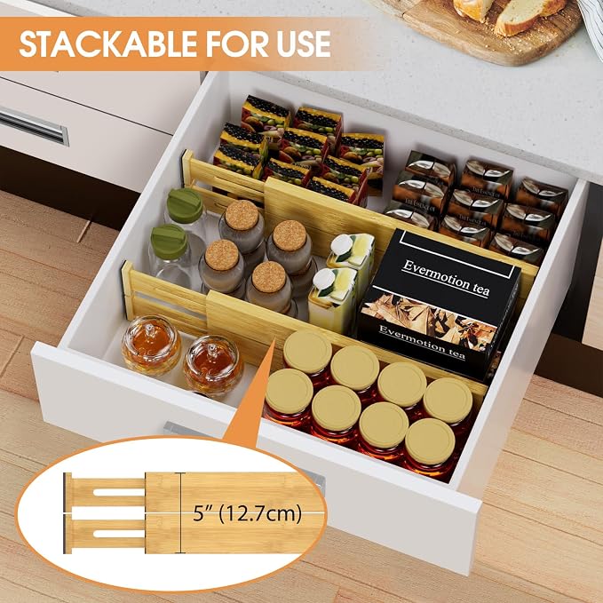 Bamboo Drawer Dividers, Adjustable Drawer Organizers, Fits 12.6–16" Drawers | 2.5" High, 4 Pack Expandable Drawer Separators for Kitchen, Nursery, Dressers & Office Storage, Natural - Image 5