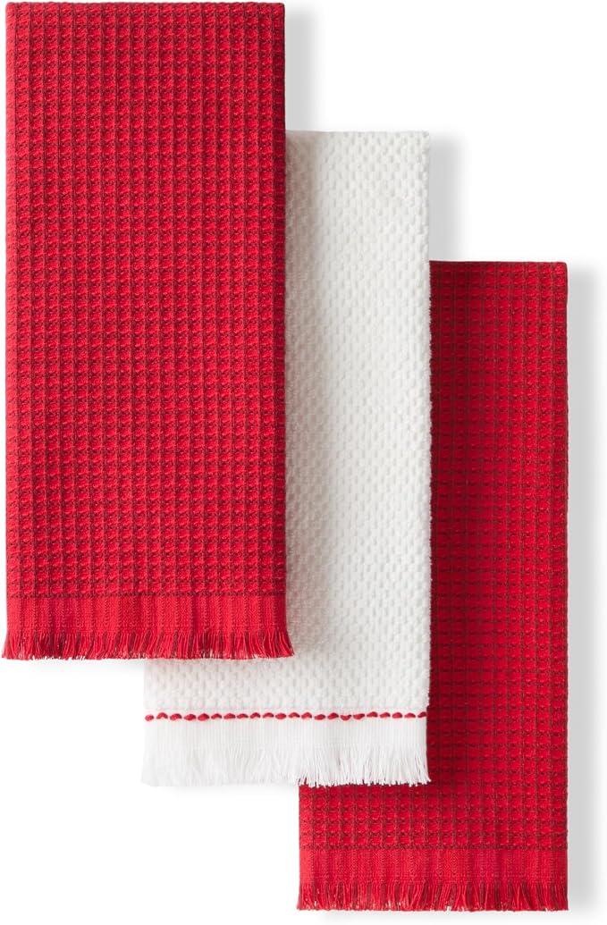 KitchenAid Gourmet Series Gridlines Kitchen Towels 3-Pack Set, 100% Cotton Absorbent, Passion Red, 18"x28" by KitchenAid