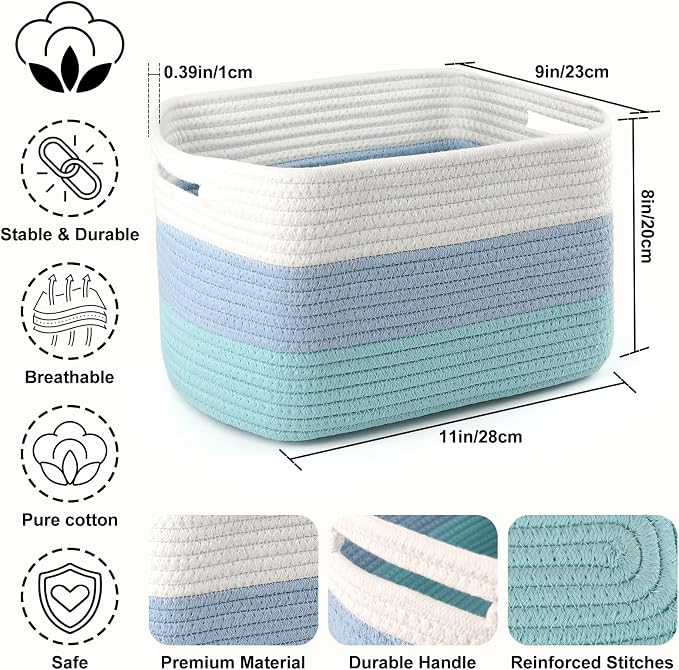 4 Pack Storage Baskets for Organizing, 11''Lx9''Wx8''H Woven Baskets for Storage Toys, Towels, Books, and Clothes, Cotton Rope Basket for Shelves with Handle - Image 2
