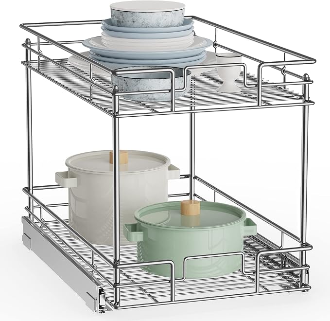 ROOMTEC New Version Pull Out Cabinet Organizer for Base Cabinet (14" W X 21" D), Kitchen Cabinet Organizer and Storage 2-Tier Cabinet Pull Out Shelves Under Cabinet Storage for Kitchen Silver,Chrome by ROOMTEC