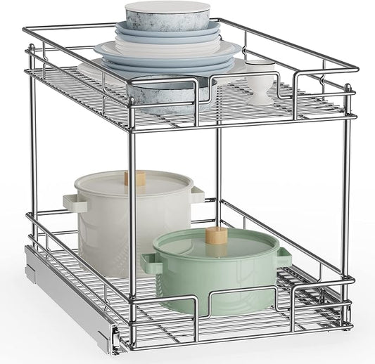 ROOMTEC New Version Pull Out Cabinet Organizer for Base Cabinet (14" W X 21" D), Kitchen Cabinet Organizer and Storage 2-Tier Cabinet Pull Out Shelves Under Cabinet Storage for Kitchen Silver,Chrome by ROOMTEC