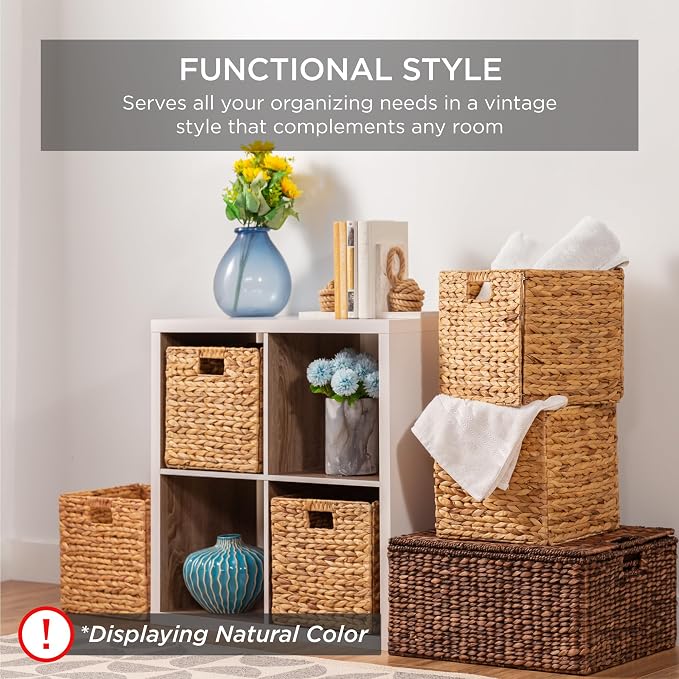 Best Choice Products 12x12in Pack of 5 Cube Storage Baskets, Water Hyacinth Multipurpose Collapsible Organizers, Handwoven Laundry Totes for Laundry, Living Room, Kids Room & Nursery - Chestnut - Image 3
