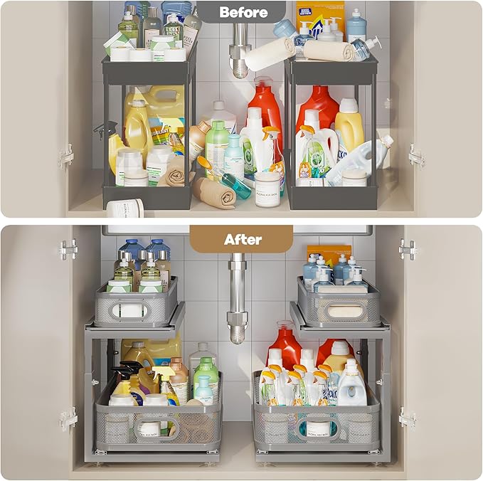 2 Pack 18.5IN-Depth Under Sink Organizer With Next-Gen Ball-Bearing Slides,2-Tier Precision Mesh Pull Out Cabinet Storage for Bathroom&Kitchen,Height Adjustable Drawers Shelf,Anti-rust-Grey - Image 6