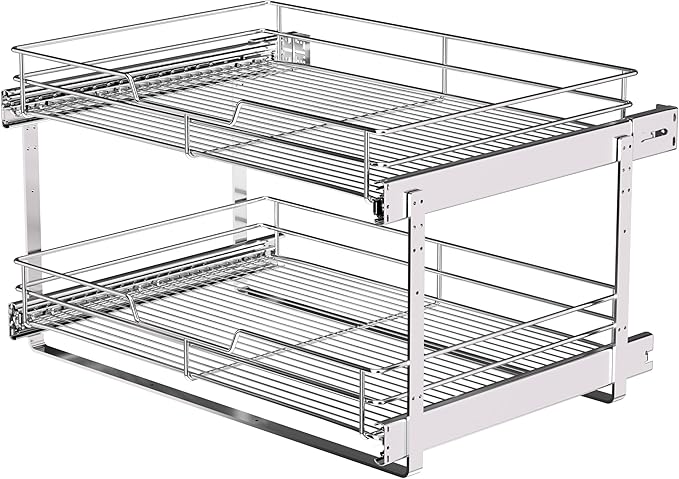 2-Tier Pull Out Cabinet Organizer, 23" W x 22" D, Chrome | Heavy-Gauge Wire Slide Out Shelves, 100 lbs Capacity, Ball-Bearing Glides, Min 24" Opening, For Heavy Appliances by JOWBOOW