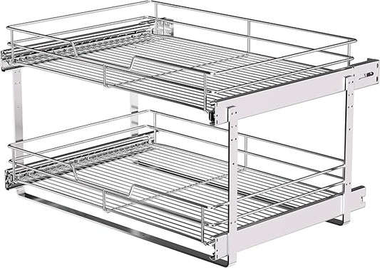 2-Tier Pull Out Cabinet Organizer, 23" W x 22" D, Chrome | Heavy-Gauge Wire Slide Out Shelves, 100 lbs Capacity, Ball-Bearing Glides, Min 24" Opening, For Heavy Appliances by JOWBOOW