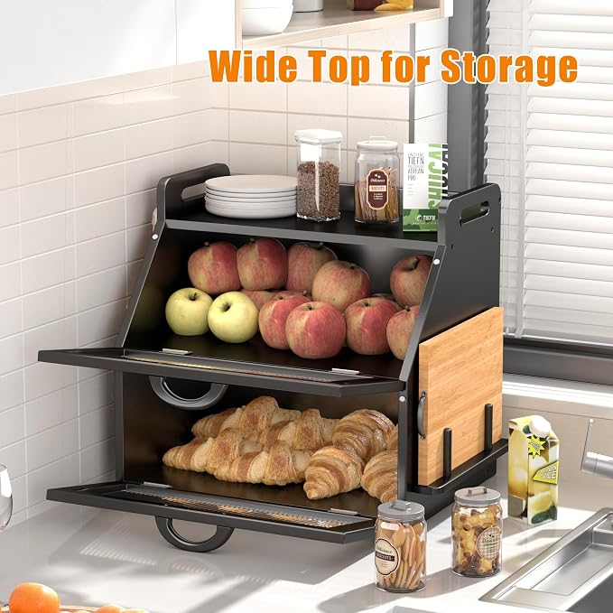 Bread Box for Kitchen Countertop, Large Bread Storage Container for Homemade Bread, Wooden Farmhouse Breadbox Organizers, Double Layer Bread Bin with Acrylic Window Bread Holder, Black - Image 6