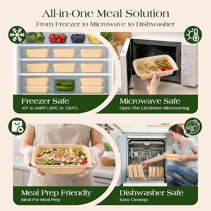 100 Piece (50 Pack) Meal Prep Containers with Lids,32 oz Resuable Cornstarch Material Salad Containers, Plant-based Lunch Boxes, Plastic Take Out Bowls BPA Free, Microwave Freezer Safe, Stackable - Image 6