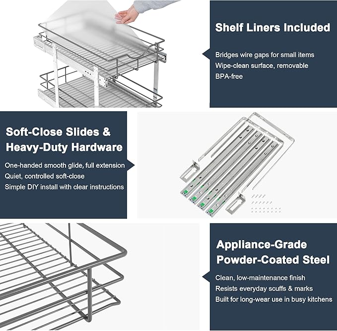 2 Tier Pull Out Cabinet Organizer - 8" W x 22" D Soft Close Slide Out Shelves with Shelf Liners - Pullout Drawers for Kitchen Cabinets, Pantry, Bathroom, Heavy Duty Steel Wire Baskets - Image 4