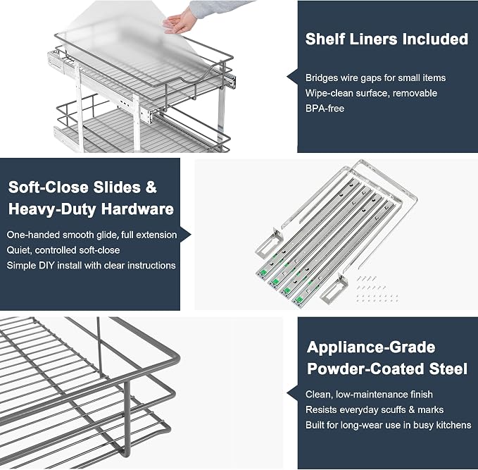 2 Tier Pull Out Cabinet Organizer - 23" W x 22" D Soft Close Slide Out Shelves with Shelf Liners - Pullout Drawers for Kitchen Cabinets, Pantry, Bathroom, Heavy Duty Steel Wire Baskets - Image 4