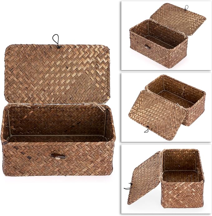 Hipiwe Wicker Shelf Baskets Bin with Lid, Handwoven Seagrass Storage Boxes | Rectangular Household Basket Boxes for Shelf Wardrobe Home Organizer, Coffee X-Small - Image 2