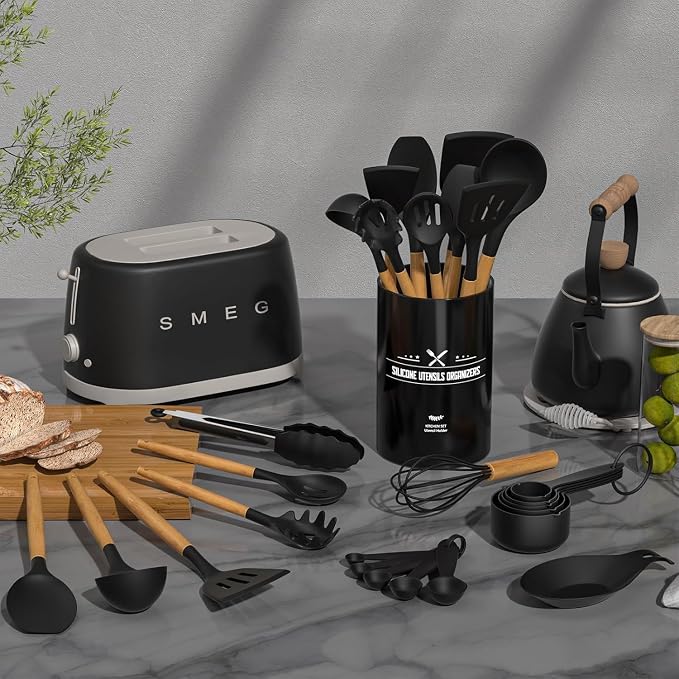 Kitchen Utensils Set- 34PCS Silicone Cooking Utensil with Holder, Umite Chef Heat Resistant Kitchen Spatula Set for Nonstick Cookware, Black Wooden Handles Kitchen Gadgets Tools Set - Image 2