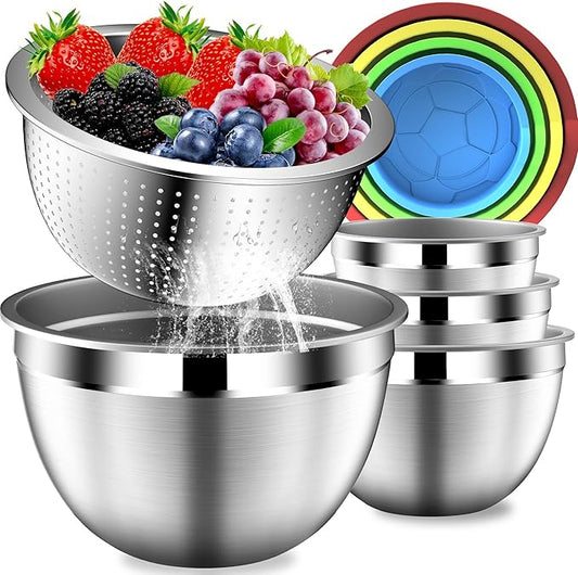 DUTZUN Colorful Mixing Bowls with Strainer, Mixing Bowl with Lids Set, Stainless Steel Mixing Bowls, Kitchen Gadgets Salad Bowls with Strainer for Mixing & Preping & Serving by DUTZUN