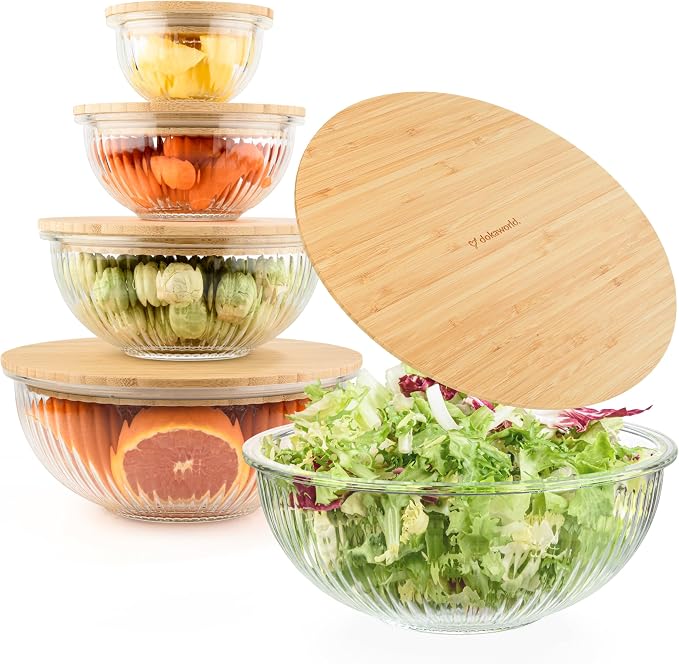 Stackable Space-Saving Set of 5 Nesting Glass Bowls with Bamboo Lids for Foodprep, Storage, Baking, Mixing & Cooking, Microwave & Oven Safe BPA Free Heat Resistant Inert Borosilicate Glass - Image 9