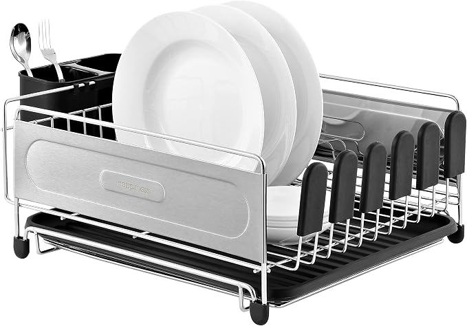 happimess Dish Drying Rack Compact Stainless Steel, 17.25", Silver/Black | Fingerprint-Proof, Wine Glass Holder, Detachable Utensil Caddy, Drainboard, Non-Slip Feet, Modern Contemporary Style - Image 9