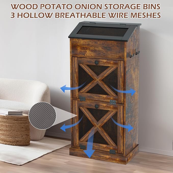 Wooden Potato and Onion Storage Bin w/Lid, Large Capacity and Ventilated Design, Ideal for Pantry, Kitchen Brown - Image 6