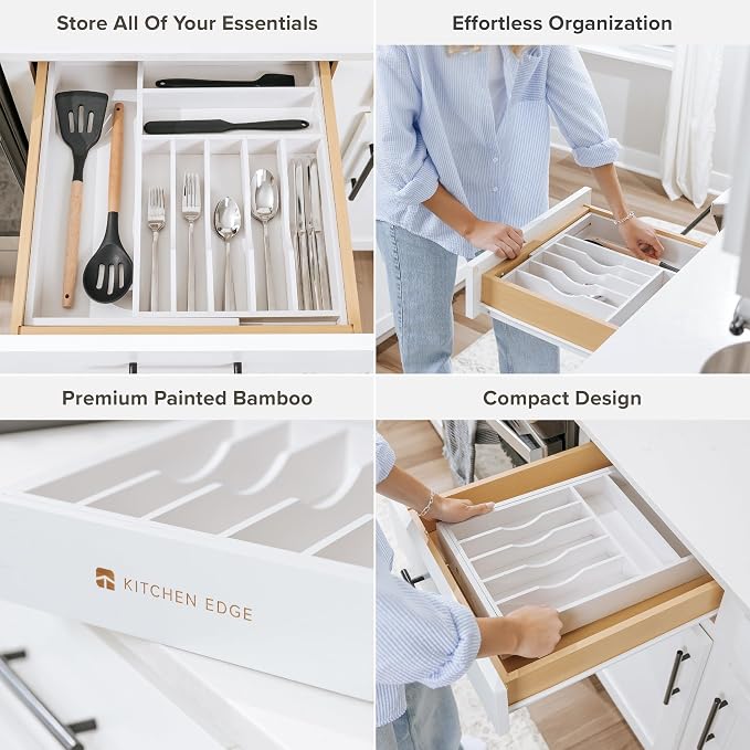 Silverware & Utensil Drawer Organizer, 10.5-19 in, White Bamboo | Cutlery, flatware, food-safe contract grade, kitchen drawer fit - Image 3