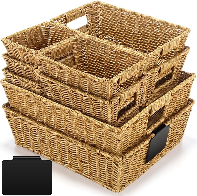 Marsui 9 Pcs Wicker Storage Baskets for Pantry Organization with Handle Labels Handwoven Multi-size Brown Small Organizer Baskets Storage Bins Container for Shelves Closet Toilet Christmas Holiday by Marsui