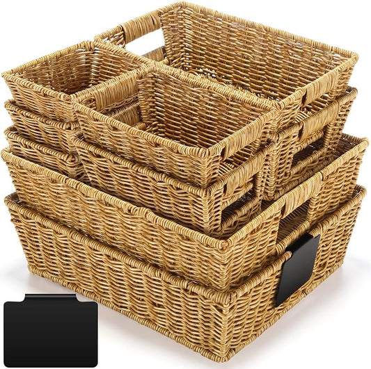 Marsui 9 Pcs Wicker Storage Baskets for Pantry Organization with Handle Labels Handwoven Multi-size Brown Small Organizer Baskets Storage Bins Container for Shelves Closet Toilet Christmas Holiday by Marsui