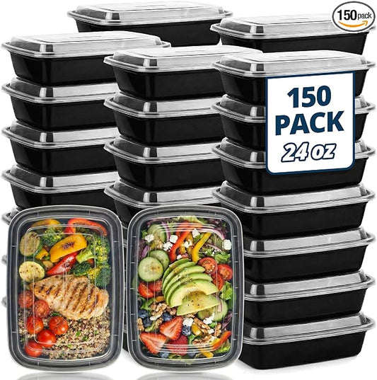 TIYA Food Containers - 24 oz Bulk 150 Pack with Lids - Rectangular Plastic To-Go Containers - Reusable, Microwavable, Dishwasher Safe - Leak-Proof for Meal Prep - BPA-Free by TTIYA