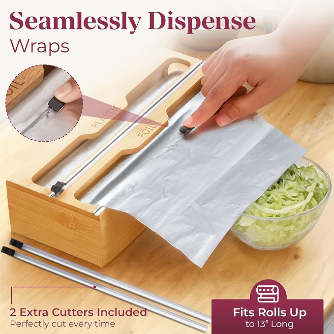 Bamboo Food Storage Bag Organizer for Drawer with Foil & Plastic Wrap Dispenser – Premium Detachable Kitchen Organizer for Gallon, Quart & Sandwich Bags - Image 4