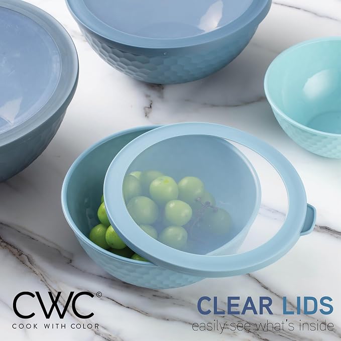 COOK WITH COLOR Mixing Bowls with Lids - 12 Piece Plastic Nesting Bowls Set includes 6 Prep Bowls and 6 Lids, Microwave Safe Mixing Bowl Set, Blue Embossed - Image 6