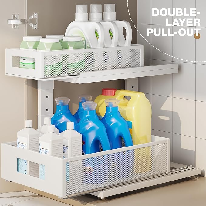 2 Pack Under Sink Organizer With Next-Gen Ball-Bearing Slides,2-Tier Pull Out Cabinet Storage,Height Adjustable Drawer Shelf for Bathroom,Kitchen,Laundry,Cabinet,Pantry(Patent Pending) - Image 4