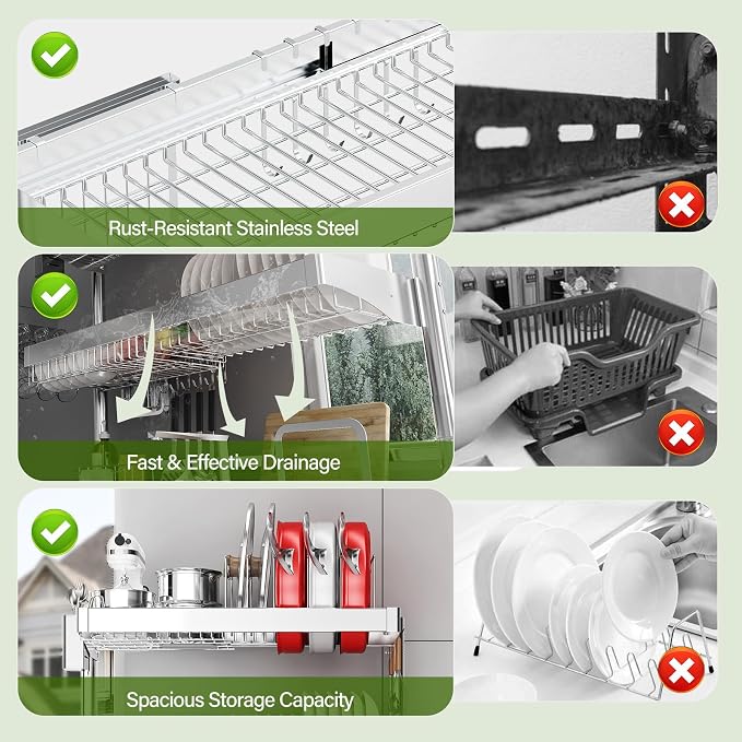 Over The Sink Dish Drainer Drying Rack 3 Tier, Full Stainless Steel Dish Drying Rack Adjustable Length 20.9''-37.4'' , Kitchen Sink Shelf, Organized Space-Saving Dish Rack with Pots and Pans Rack - Image 5