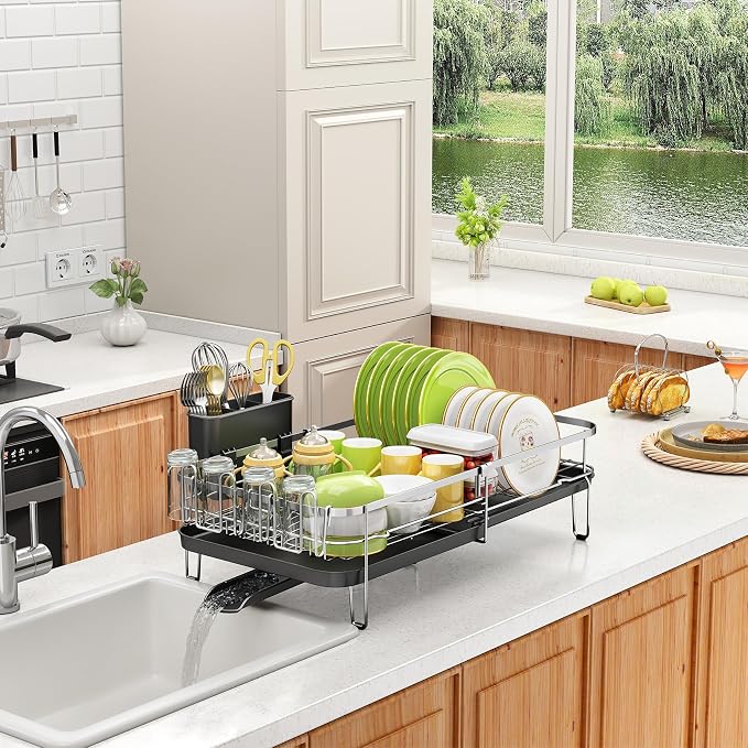 SNTD Expandable Dish Drying Rack for Kitchen Counter, 13.8-22.6 in, Silver | Stainless Steel, Removable Utensil & Cup Holder, Self Draining Drainboard with Rotating Spout - Image 7