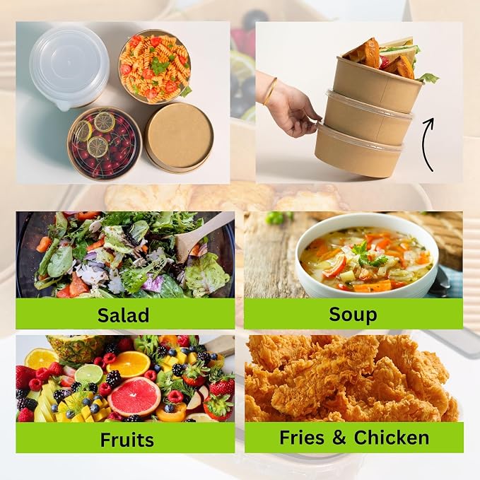 25 oz Disposable Kraft Round salad Bowls with Lid, 50 Sets Leakproof Microwave Meal soup containers Bowls, Waterproof Take Out Food Containers for Lunch Snack Camping Family - Image 2