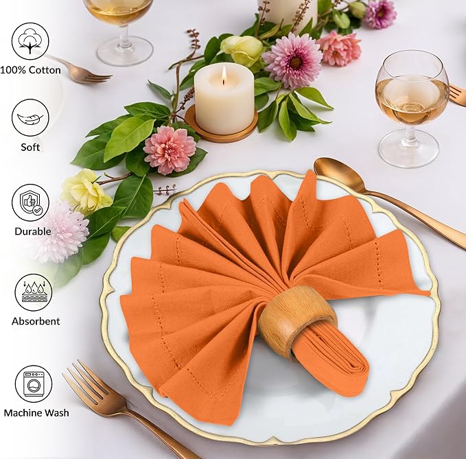 Ruvanti Cloth Napkins Set of 12, 100% Cotton High GSM 18x18 Inches, Hem Stitched Corners, Soft, Washable, Highly Durable & Absorbent, Perfect for Parties, Christmas, Thanksgiving Dinners – Orange Peel - Image 3