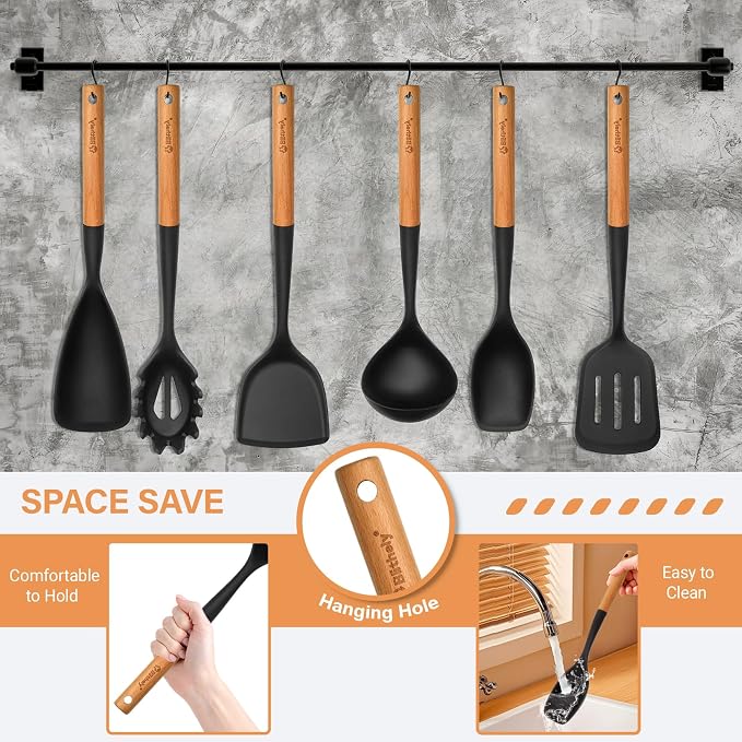 Large Silicone Kitchen Utensils Set with Holder, 25Pcs Cooking Utensil Set with Wooden Handle, Heat Resistant Spatula Sets for Cooking, BPA Free Silicone Utensils Set for Non-Stick Cookware(Black) - Image 6