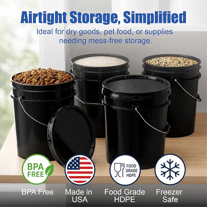5 Gallon Bucket - Food Grade w/Lid BPA-Free, 6 Pack - Black | Airtight Gasketed Tear Strip Lid, Heavy-Duty 90 Mil HDPE Plastic Pail, Bulk Storage, Food Safe Durable Container, Made in USA - Image 2