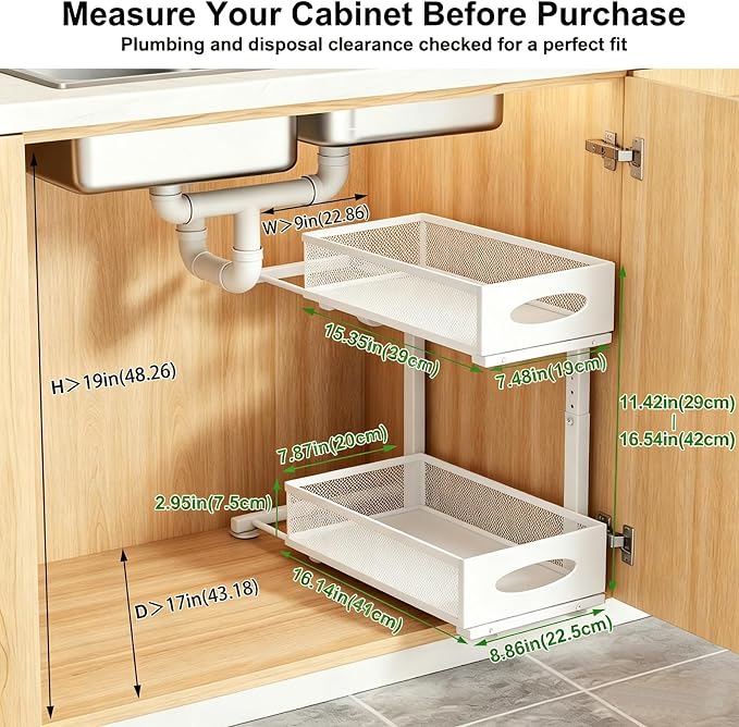 2-Pack Under Sink Organizer, 2-Tier Pull Out Cabinet Storage, White | Rustproof Carbon Steel, Mesh Sliding Drawers, 5-Level Height Adjustable to Bypass Pipes, for Kitchen, Bathroom, Laundry - Image 2