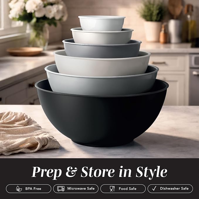 COOK WITH COLOR Mixing Bowls with TPR Lids - 12 Piece Plastic Nesting Set includes 6 Prep and Lids, Microwave Safe Bowl (Black Ombre) - Image 3