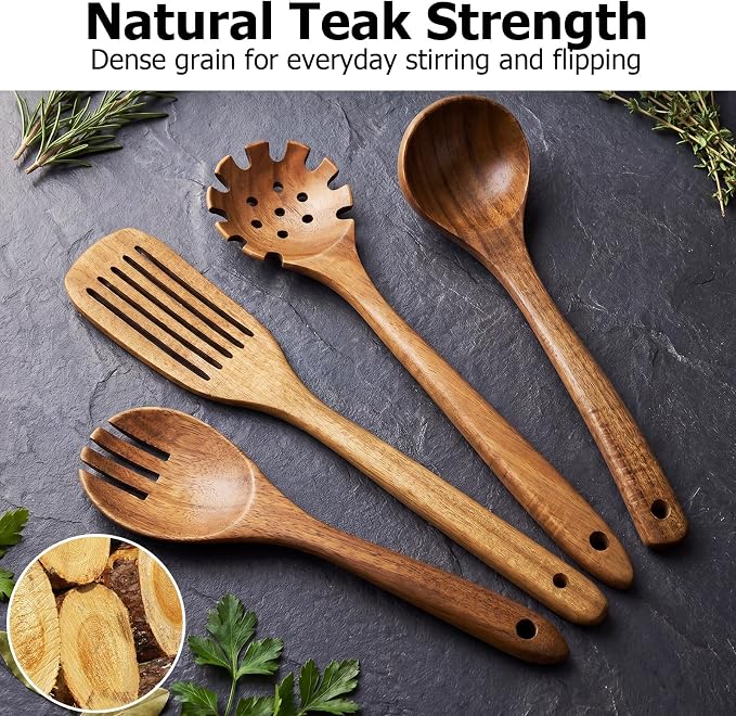 Wooden Spoons for Cooking, 4-Piece Teak Wood Kitchen Utensil Set, Nonstick Safe Wooden Cooking Utensils-Includes Soup Ladle, Pasta Spoon, Slotted Spoon, Salad Fork, for Everyday Meals(A04) - Image 2