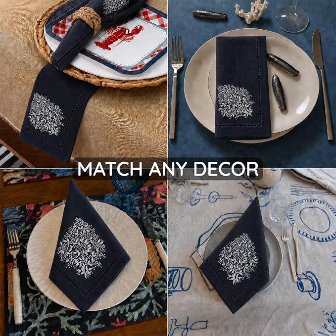 Cloth Napkins Set of 4, 20x20 inch, 100% Linen Hand Embroidered French Knot, Reusable & Machine Washable, Elegant Table Napkins for Dinner, Weddings, Parties (Navy) - Image 6