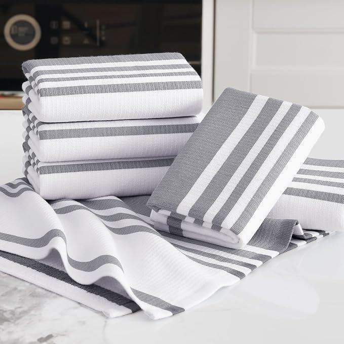 Homaxy Premium Cotton Stripe Kitchen Towels 6 Pack, 18"x 28", Grey | Large 380 GSM Kitchen Hand Towels, Soft Terry Dish Towels, Highly Absorbent Tea Towel Set with Hanging Loop - Image 5