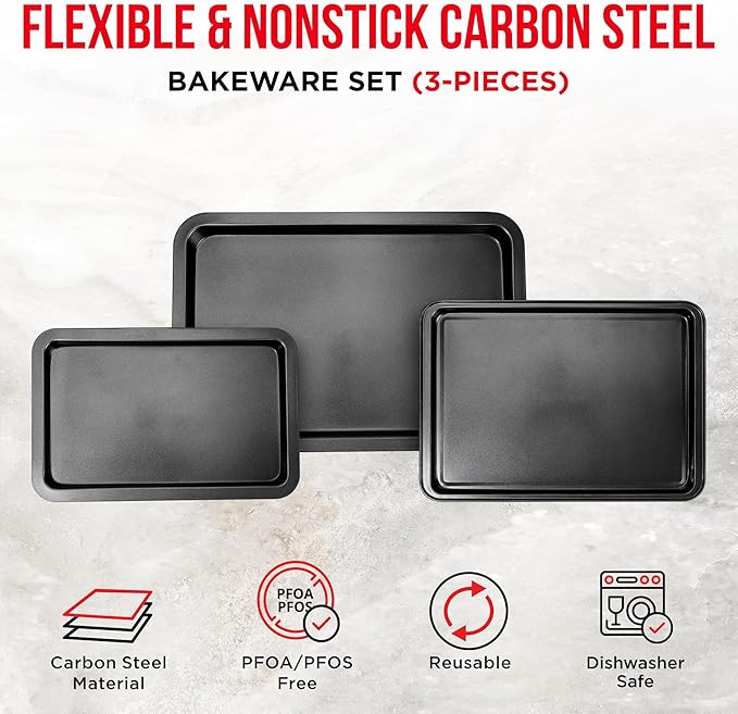 3 Piece Set Nonstick Carbon Steel Oven Bakeware -Professional Quality Kitchen Cooking Baking Trays -PFOA, PFOS, PTFE-Free Small, Medium & Large Baking Sheet Pans - Image 2