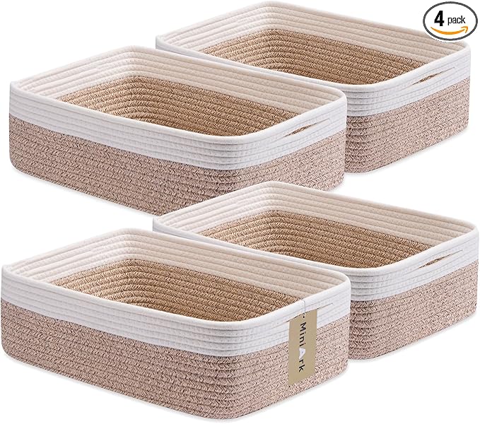 MiniArk Large Shallow Organizing Baskets 15x11x5.1 Inches - Rope Woven Storage Bins for Bathroom, Shelves, Cube Closet, White Mixed Brown 4 Packs by MiniArkStorageBasketsHome