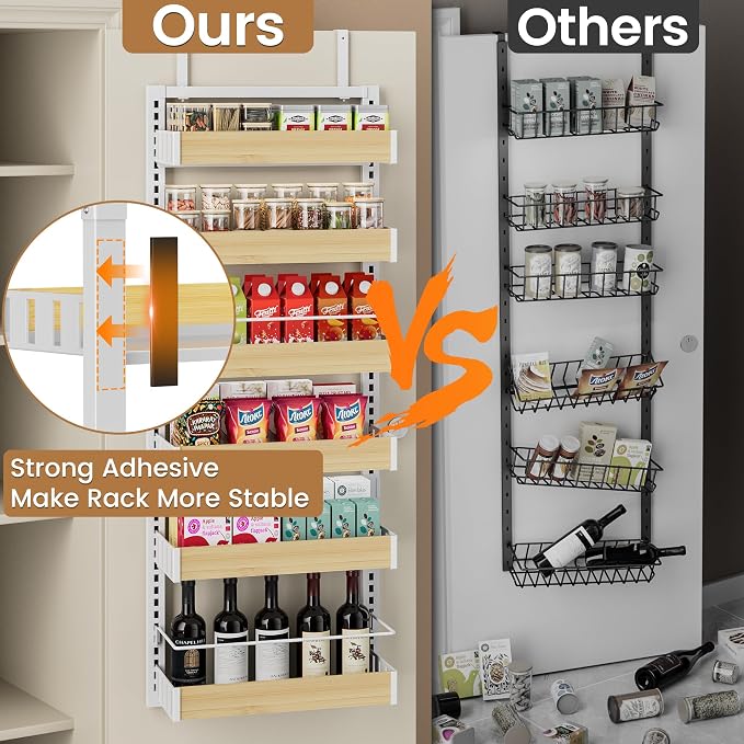 POKIPO 6 Tier Over The Door Pantry Organizer, 2-in-1 Door Hanging or Wall Mounted Spice Rack, Large Heavy Duty Pantry Door Storage Seasoning Shelves with Adjustable Basket for Kitchen Bathroom Closet - Image 5