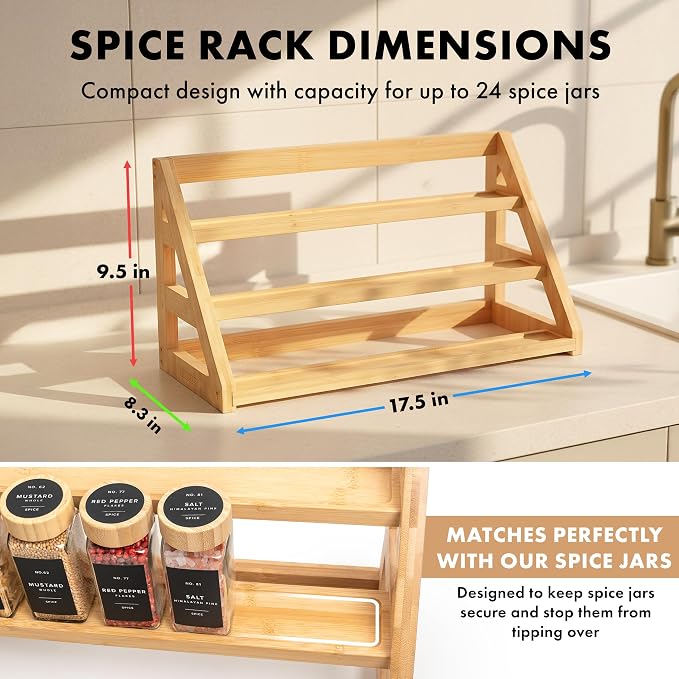 3 Tier Bamboo Spice Rack Organizer for Cabinet – Fits 24 Spice Jars, 17.5” Wide Countertop & Cabinet Organizer for Kitchen Organization, Seasoning Organizer Shelf (Jars Not Included) - Image 2