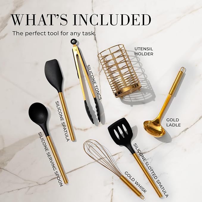 Styled Settings Black and Gold Kitchen Utensils Set with Holder, 7-Piece | Nonstick BPA-Free Silicone Cooking Utensils Set with Gold Utensil Holder, Luxury Kitchen Accessories - Image 4